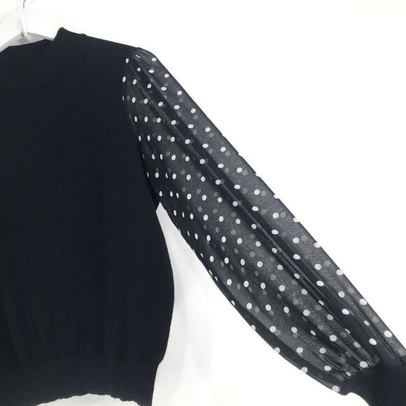 Nanette Lepore Black Knit Polka Dot Semi Sheer Sleeve Ruffle Mockneck Top - Picture 8 of 16